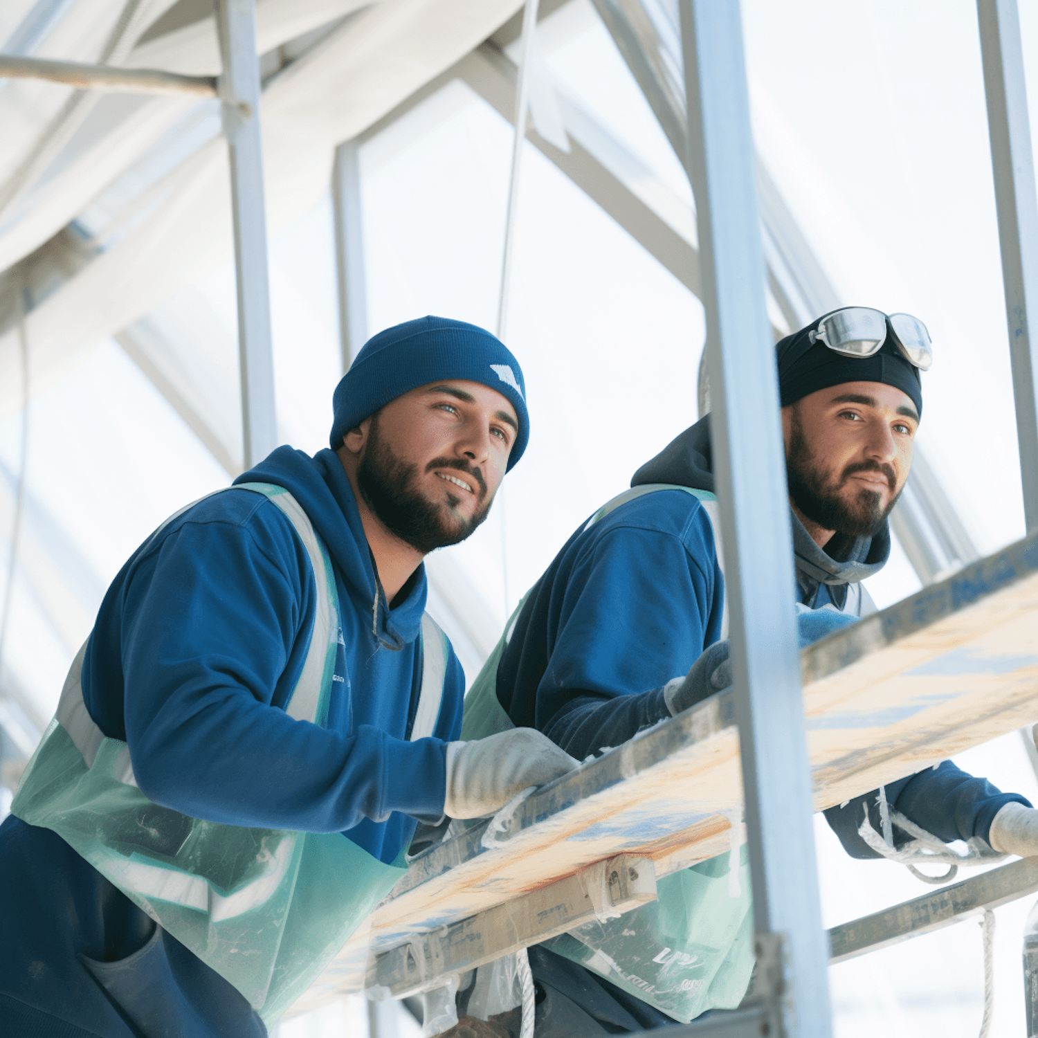 Two Stratum crew members working from scaffolding on a steel and glass structure