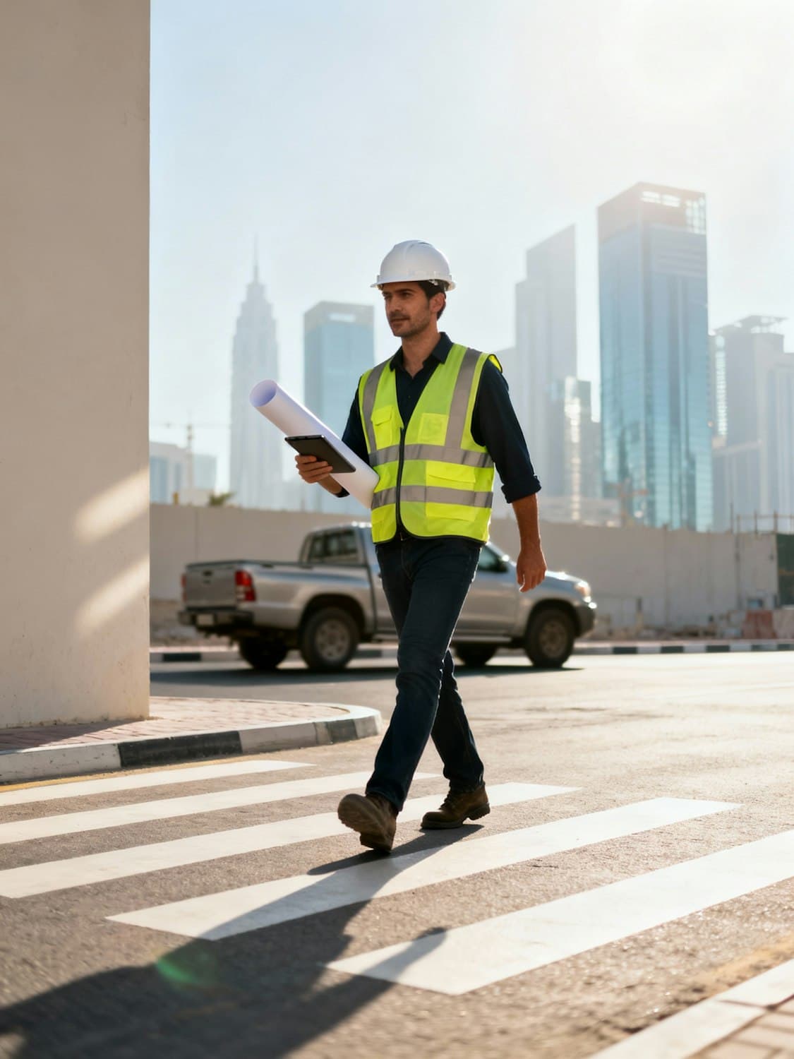 Stratum project engineer carrying construction plans across a downtown street